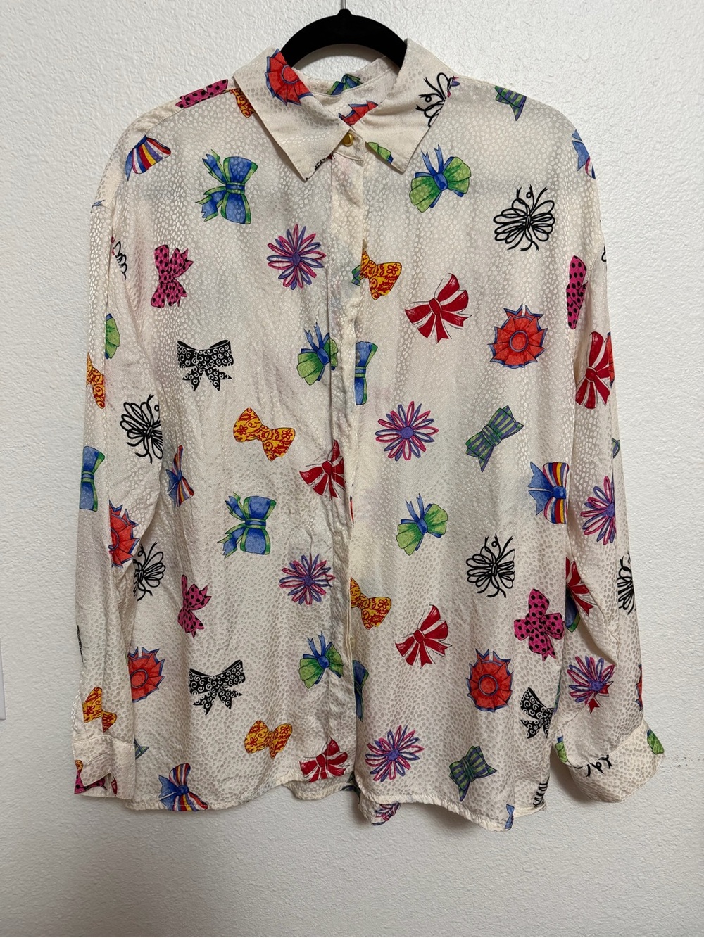 Maggy London Silk Button-Down Blouse with Multicolor Bow Motifs